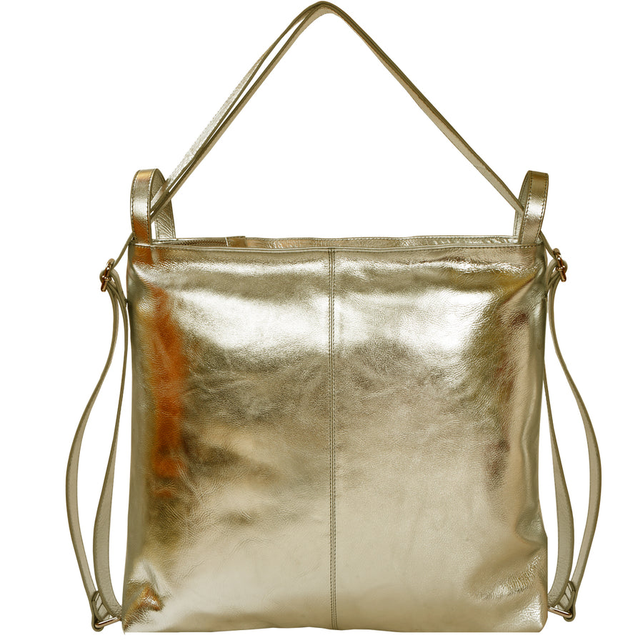 Gold Metallic Leather Convertible Tote Backpack Ethical Sustainable Brix Bailey Bag Brand