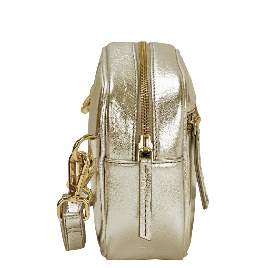 Gold Convertible Leather Cross Body Camera Bag Ethical Sustainable Bag Brand Brix and Bailey