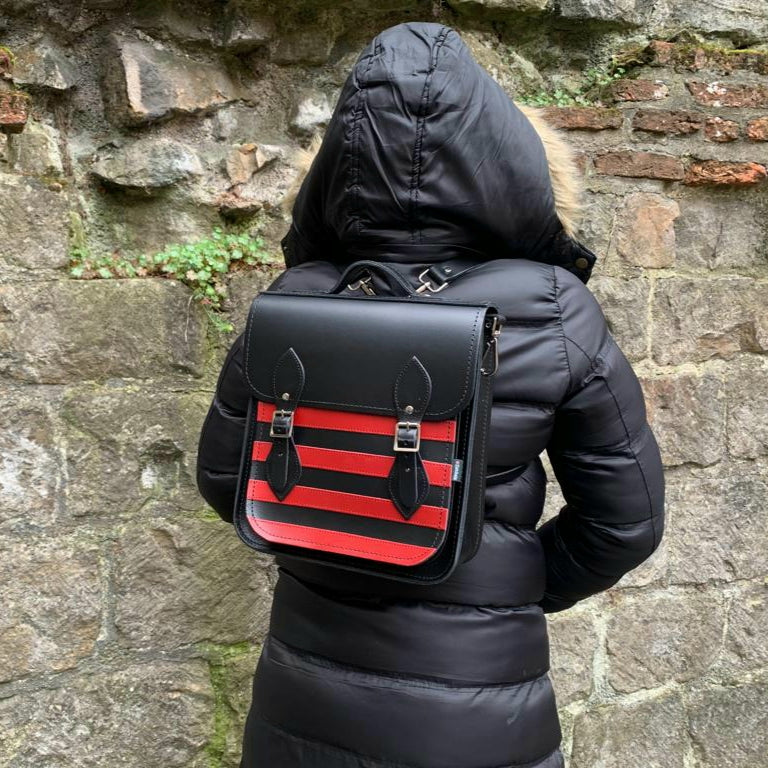 Handmade Leather City Backpack - Gothic Striped Red &amp; Black