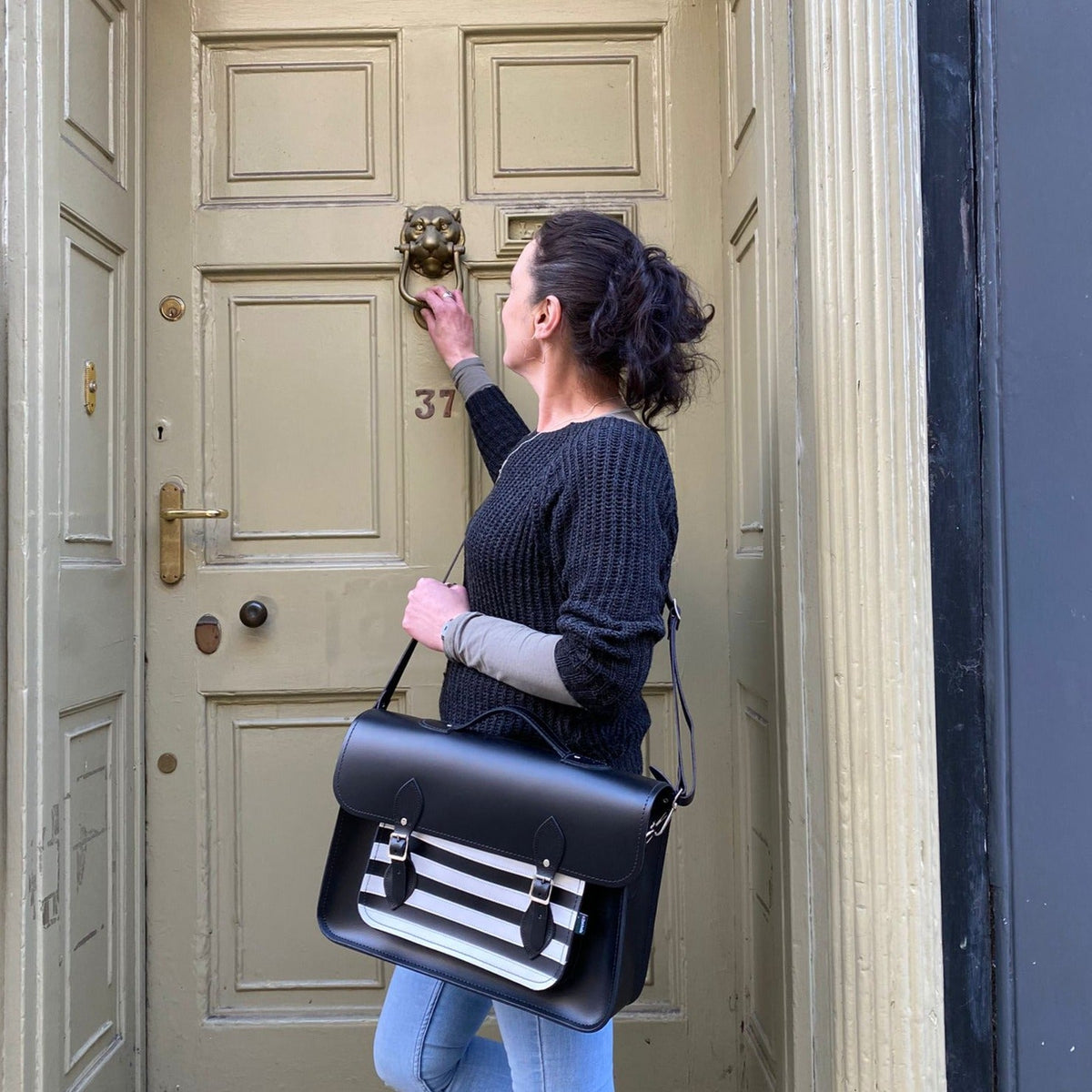 Handmade Leather Satchel - Gothic Striped White &amp; Black