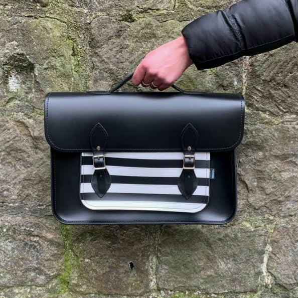 Handmade Leather Satchel - Gothic Striped White &amp; Black