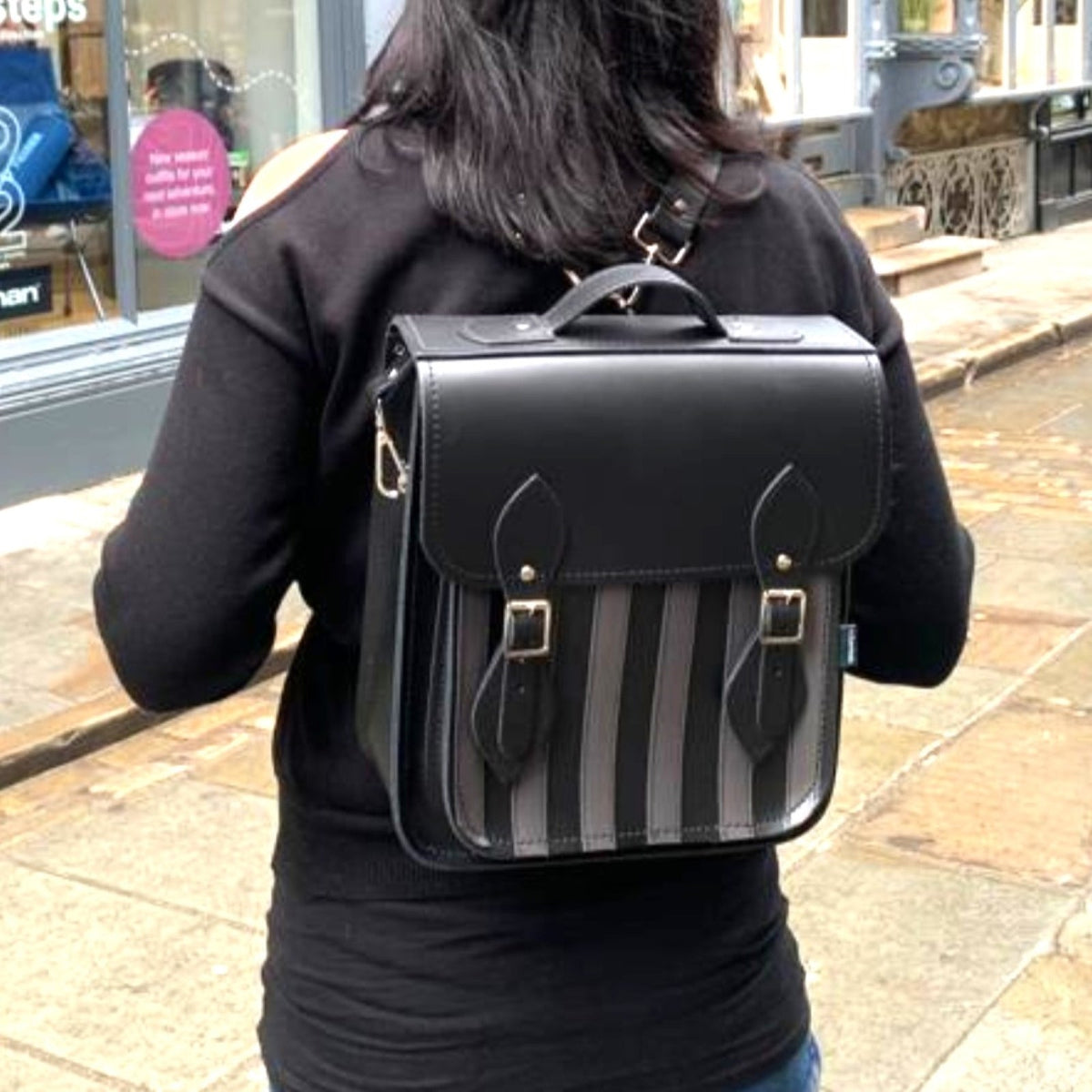 Handmade Leather City Backpack - Gothic Striped Grey &amp; Black
