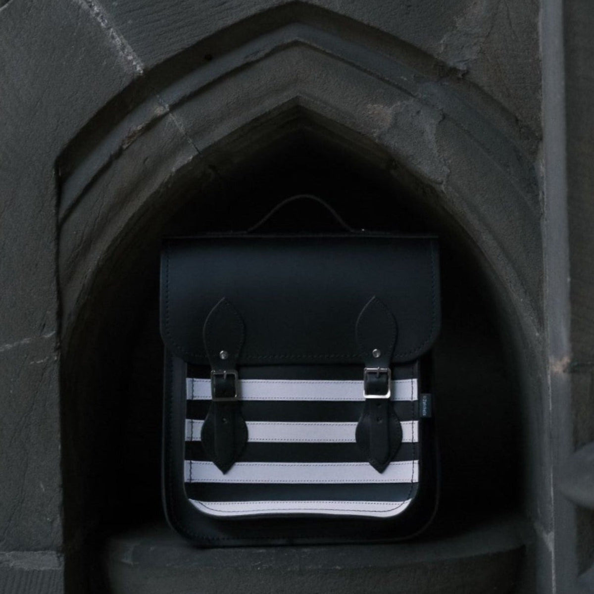 Handmade Leather City Backpack - Gothic Striped White &amp; Black