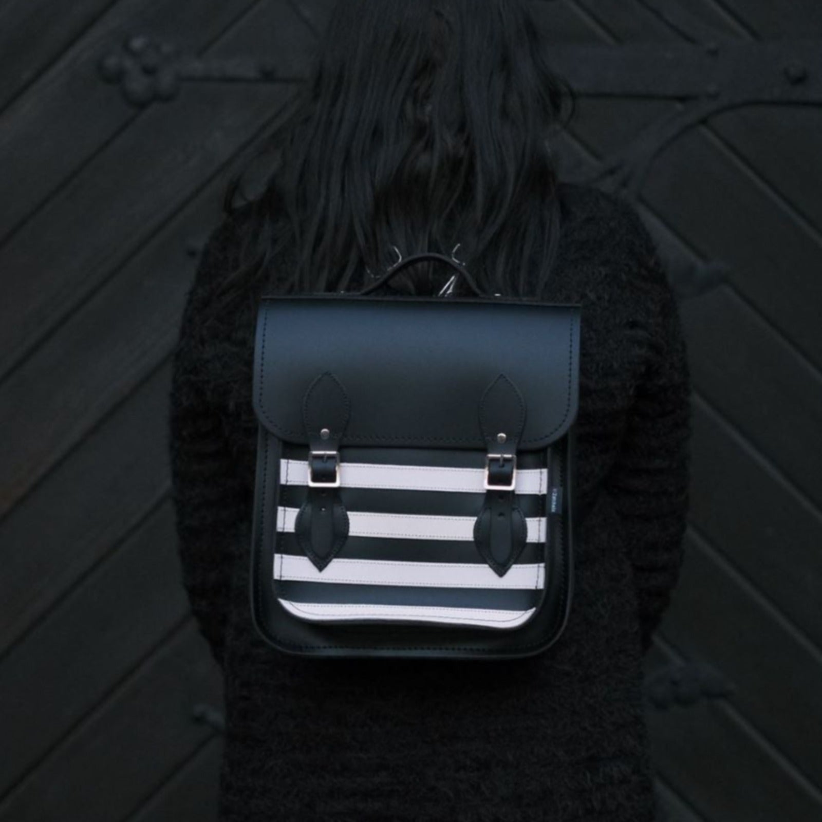 Handmade Leather City Backpack - Gothic Striped White &amp; Black