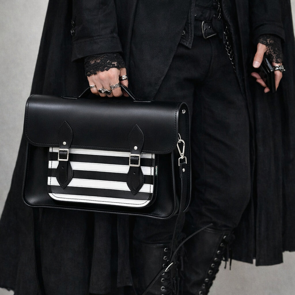 Handmade Leather Satchel - Gothic Striped White &amp; Black