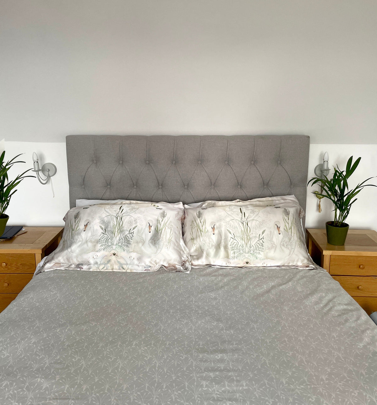 Cream and neutral Silk Pillowcase in hand painted 'Graceful' print, Standard size Oxford style Pillowcase