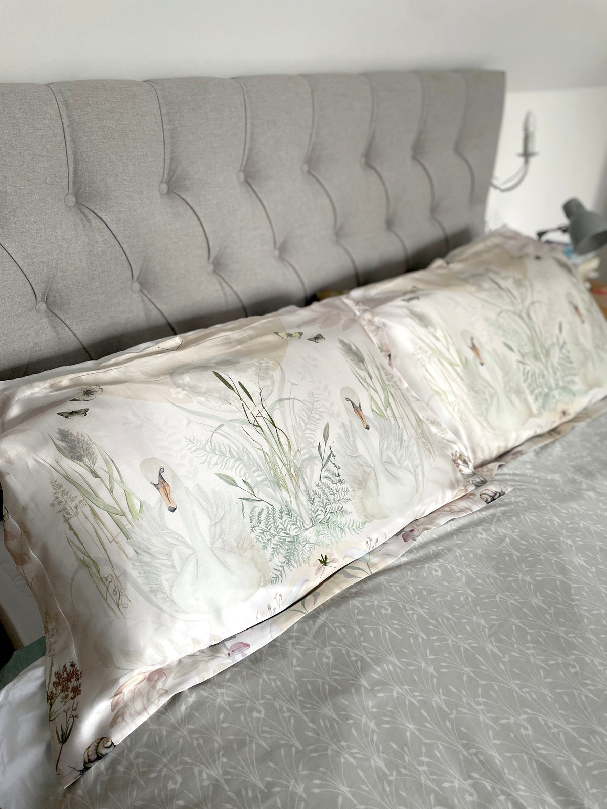 Cream and neutral Silk Pillowcase in hand painted 'Graceful' print, Standard size Oxford style Pillowcase