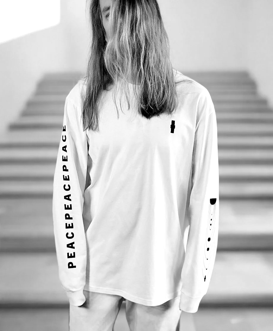 Luxury relaxed fit white long sleeve with matte black graphics, premium 200 gsm organic cotton fabric, handcrafted limited edition by WWOOLLFF CO. at brixbailey.com