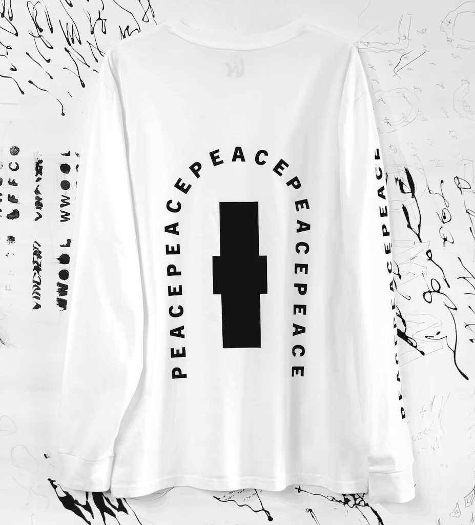 Luxury relaxed fit white long sleeve with matte black graphics, premium 200 gsm organic cotton fabric, handcrafted limited edition by WWOOLLFF CO. at brixbailey.com