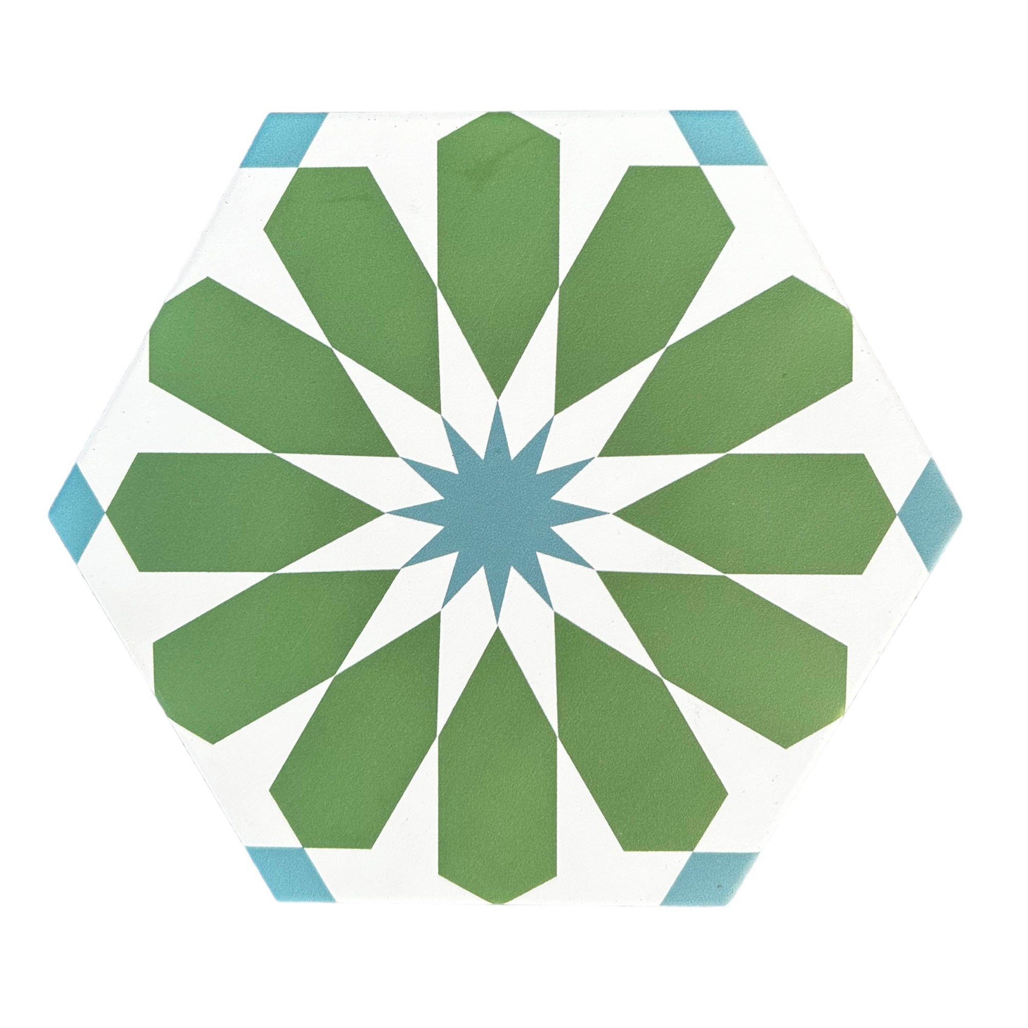 Luz green and turquoise porcelain tile, premium hex arabesque pattern, slip-resistant indoor outdoor flooring by Maria Starling Design at brixbailey.com