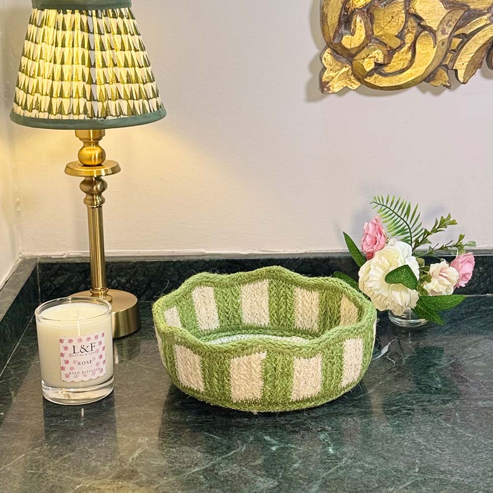 Stripy Scalloped Small Basket - green