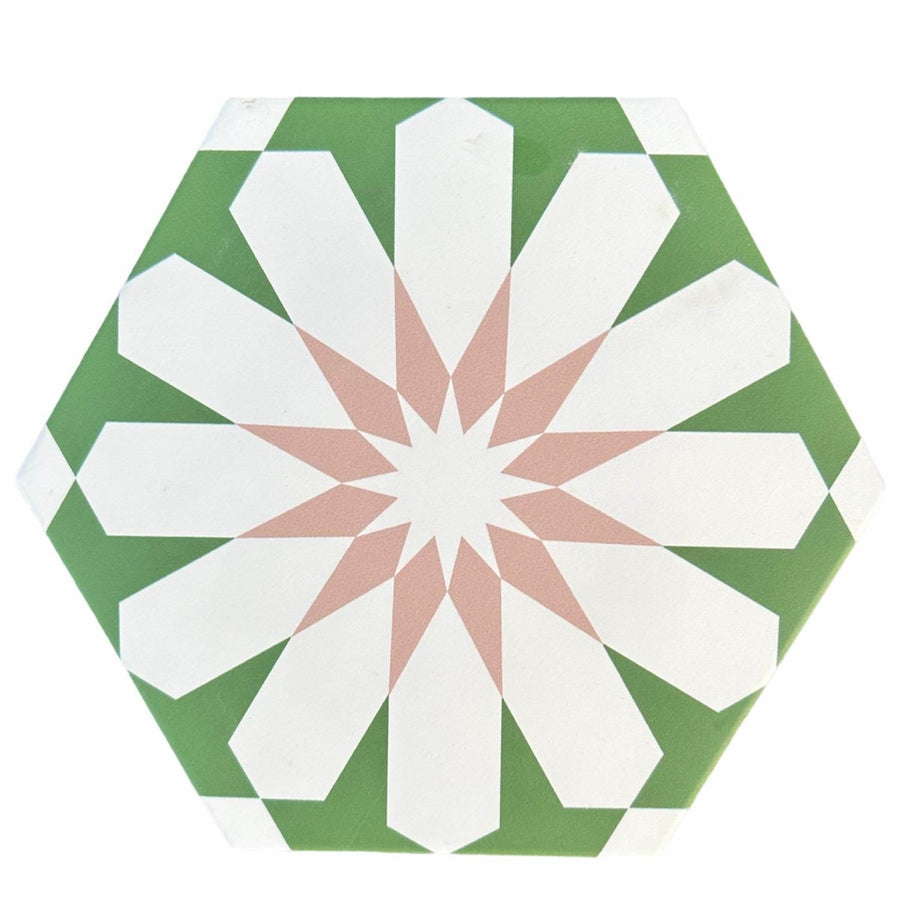 Luz green and turquoise porcelain tile, luxury hex arabesque pattern, premium slip-resistant indoor outdoor tile by Maria Starling Design at brixbailey.com