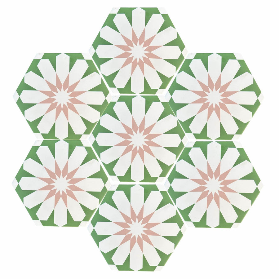 Luz green and pink porcelain tile, luxury hex arabesque pattern, slip-resistant indoor outdoor premium tile by Maria Starling Design at brixbailey.com