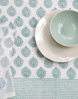 Green Blue Lotus Hand Block Printed Cotton Tablecloth