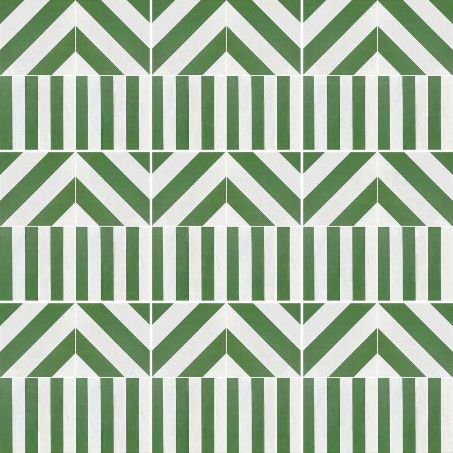 Luxury green stripe porcelain tile, durable indoor-outdoor chevron pattern, premium anti-slip grade, no sealing required by Maria Starling Design at brixbailey.com