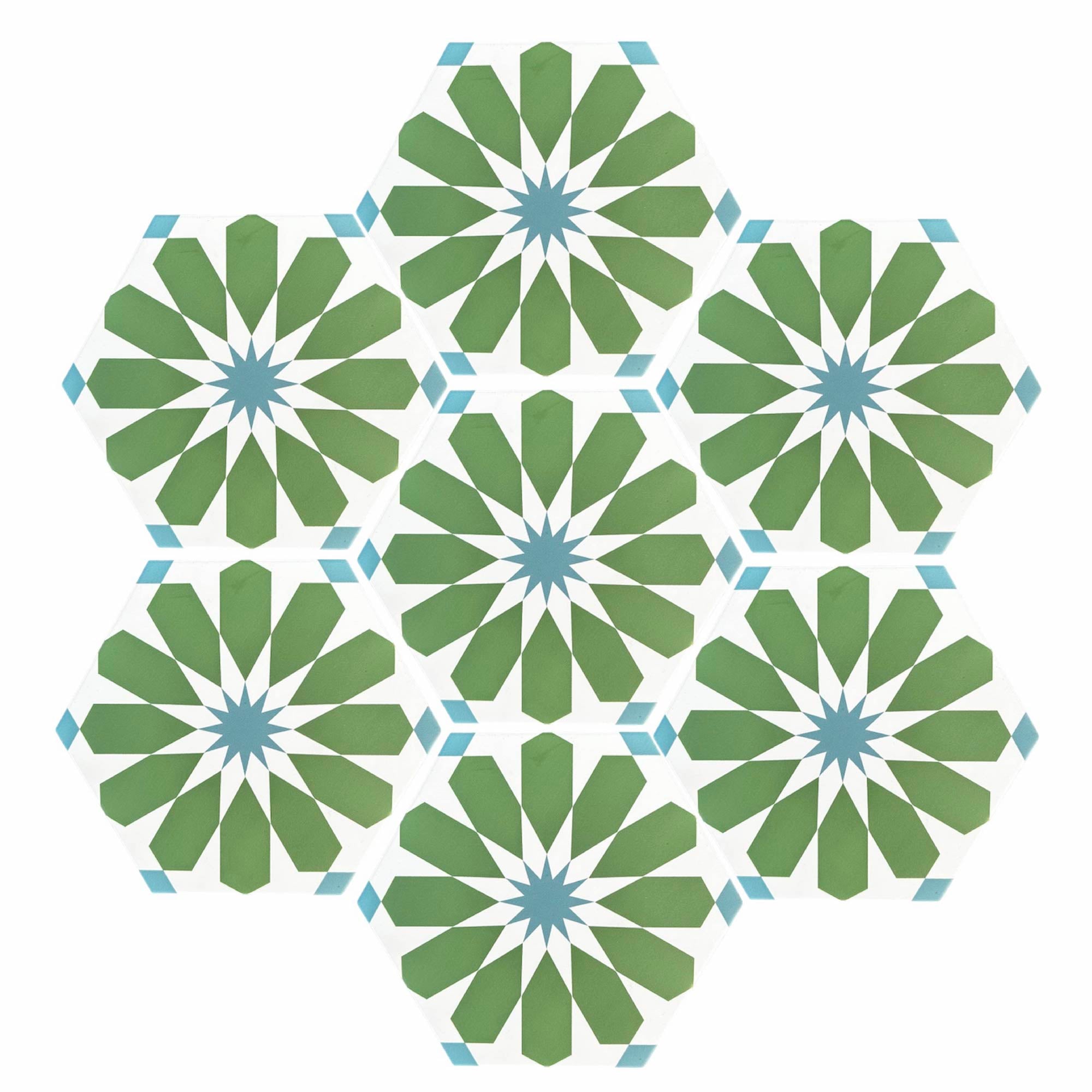 Luz green and turquoise porcelain tile, premium hex arabesque pattern, slip-resistant indoor outdoor luxury tile by Maria Starling Design at brixbailey.com