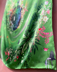 Large green silk scarf with mushroom and crystal, magical ‘Evissa’ print