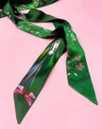 Green Silk satin 'Greenery' floral slinky silk scarf with insects and gem stones