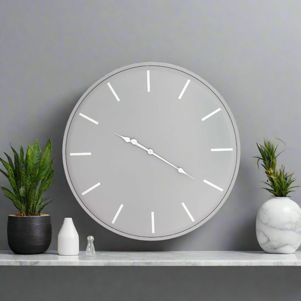 Large 80cm grey metal wall clock with minimalist design, perfect for modern or industrial decor by Sostter at brixbailey.com