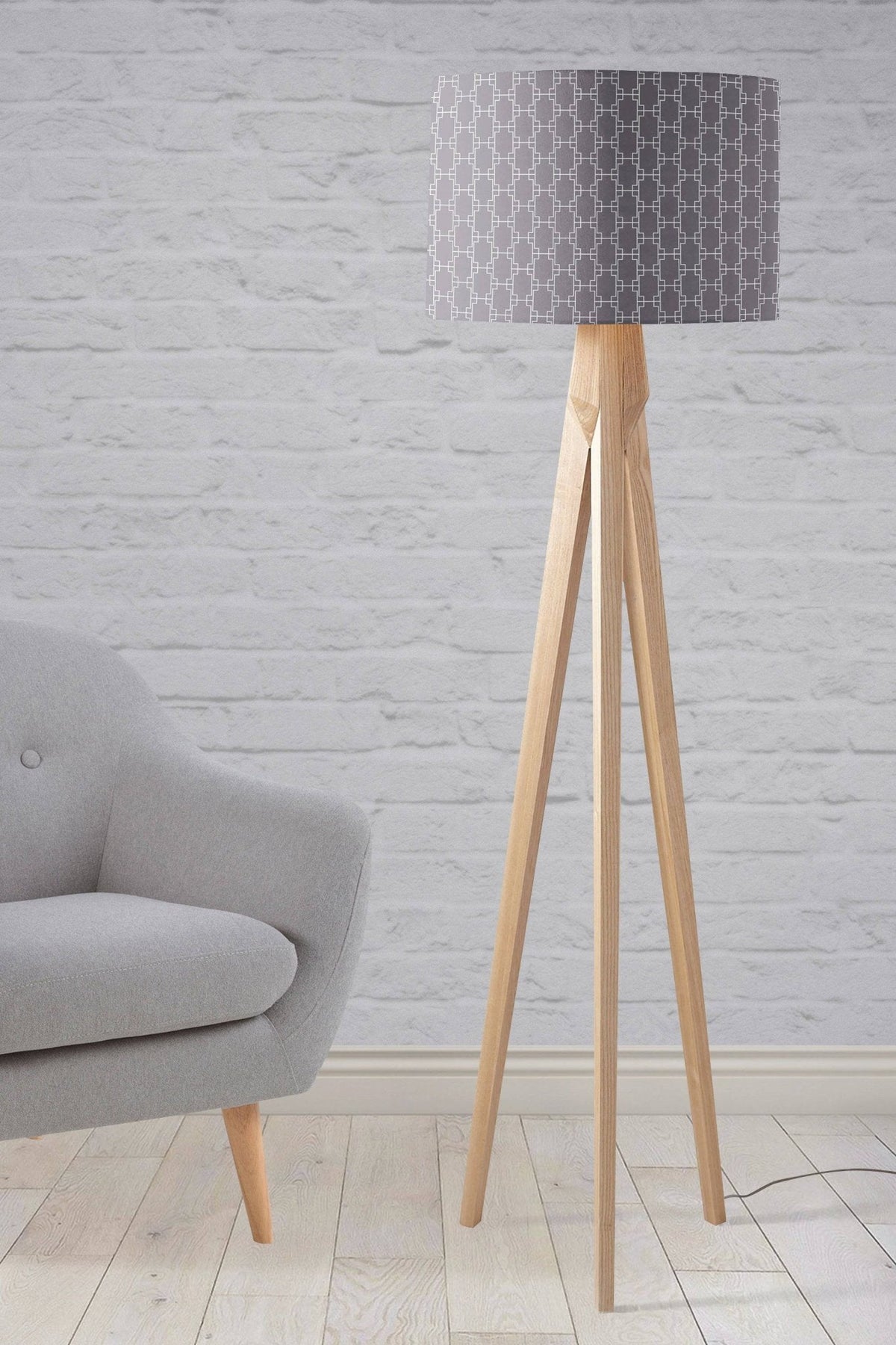 Grey Drum Lampshade, White Squares Geometric Design Shade for Table, Floor or Ceiling Pendant Light