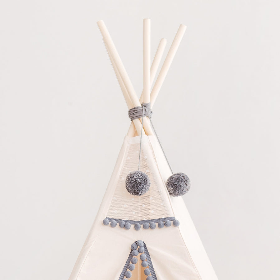 MINICAMP Kids' Teepee with Grey Pompoms - Cozy Play Tent for Reading & Relaxing by Minicamp at brixbailey.com