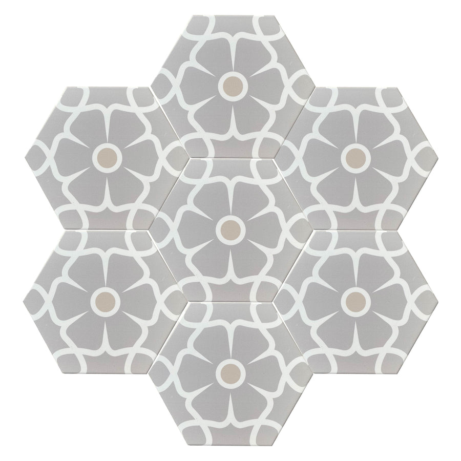 Luxury Ella porcelain floor tiles, premium hexagonal patterned anti-slip tiles for indoor and outdoor use, grey lilac floral design by Maria Starling Design at brixbailey.com