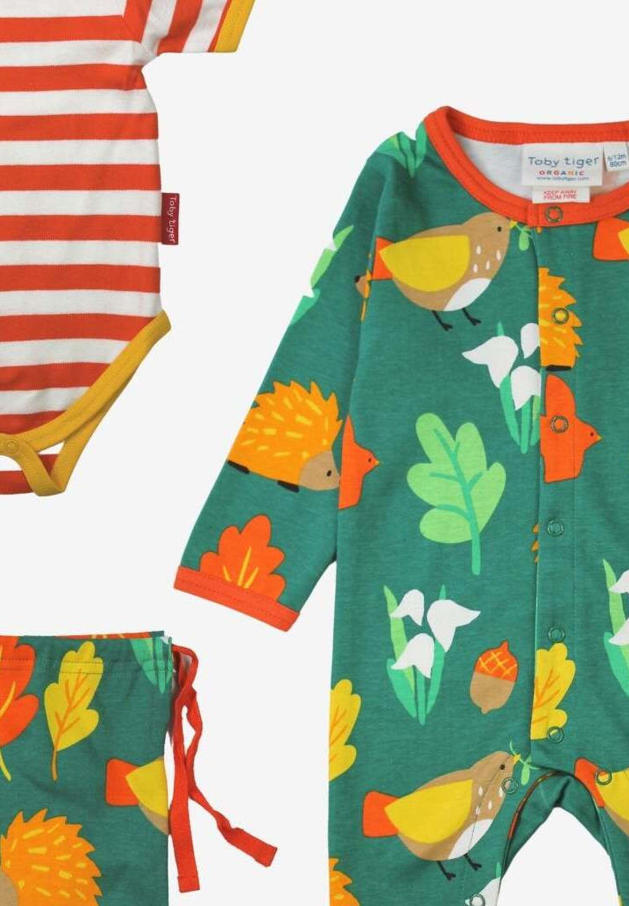 Premium Organic Baby Gift Set with Hedgehog Print Romper, Striped Bodysuit, Hat, and Bag - 100% GOTS-Certified Cotton by Toby Tiger at brixbailey.com