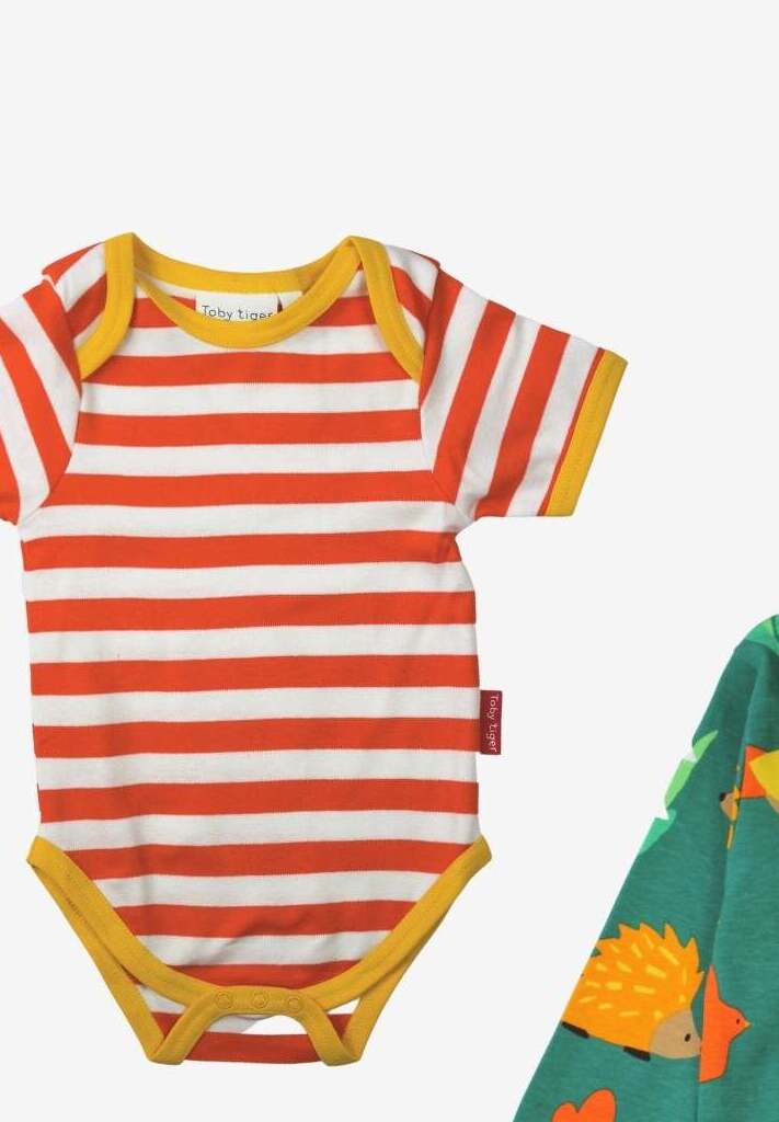 Premium Organic Baby Gift Set with Hedgehog Print Romper, Striped Bodysuit, Hat, and Bag - 100% GOTS Certified Cotton by Toby Tiger at brixbailey.com