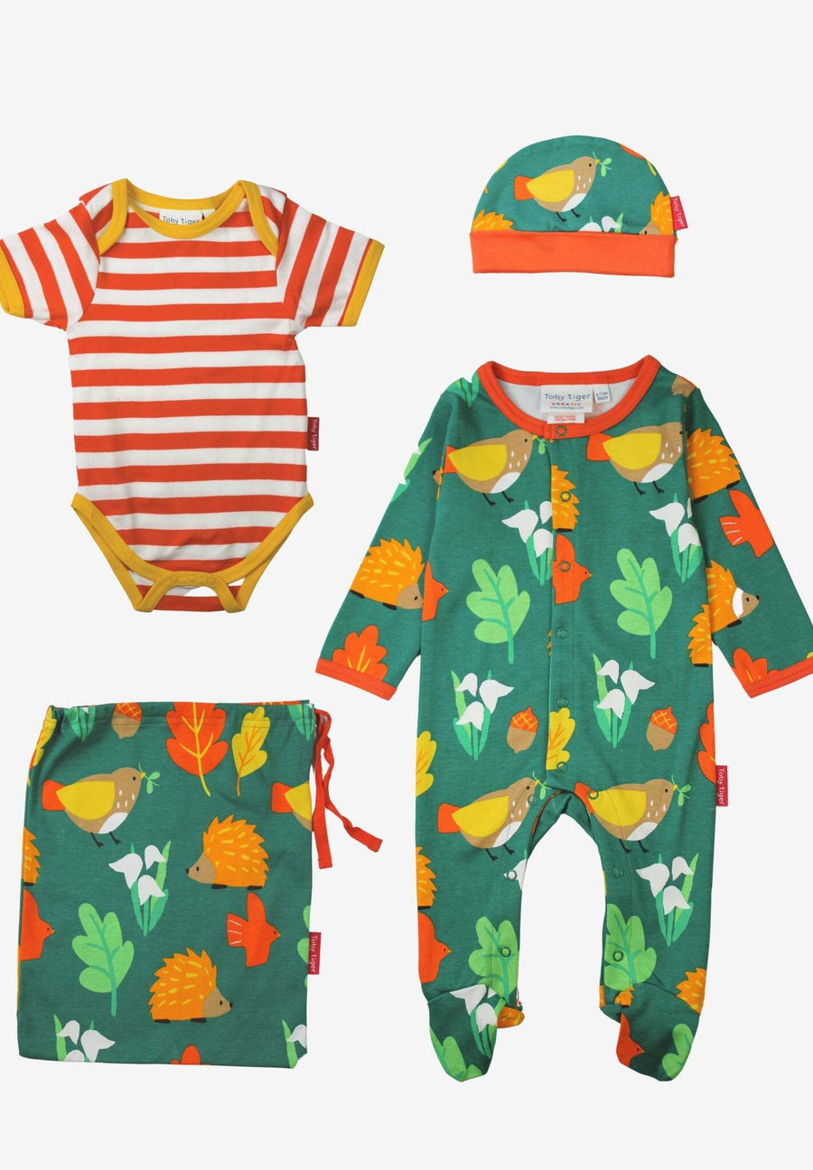 Premium Organic Baby Gift Set with Hedgehog Print Romper, Striped Bodysuit, Hat, and Bag - 100% GOTS Certified Cotton by Toby Tiger at brixbailey.com