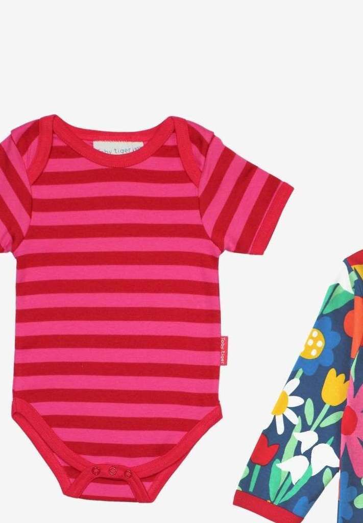 Luxury Bold Floral Baby Gift Set with Hat, Bodysuit, Romper, and Bag in Dark Blue - Organic Cotton and Stylish Prints by Toby Tiger at brixbailey.com