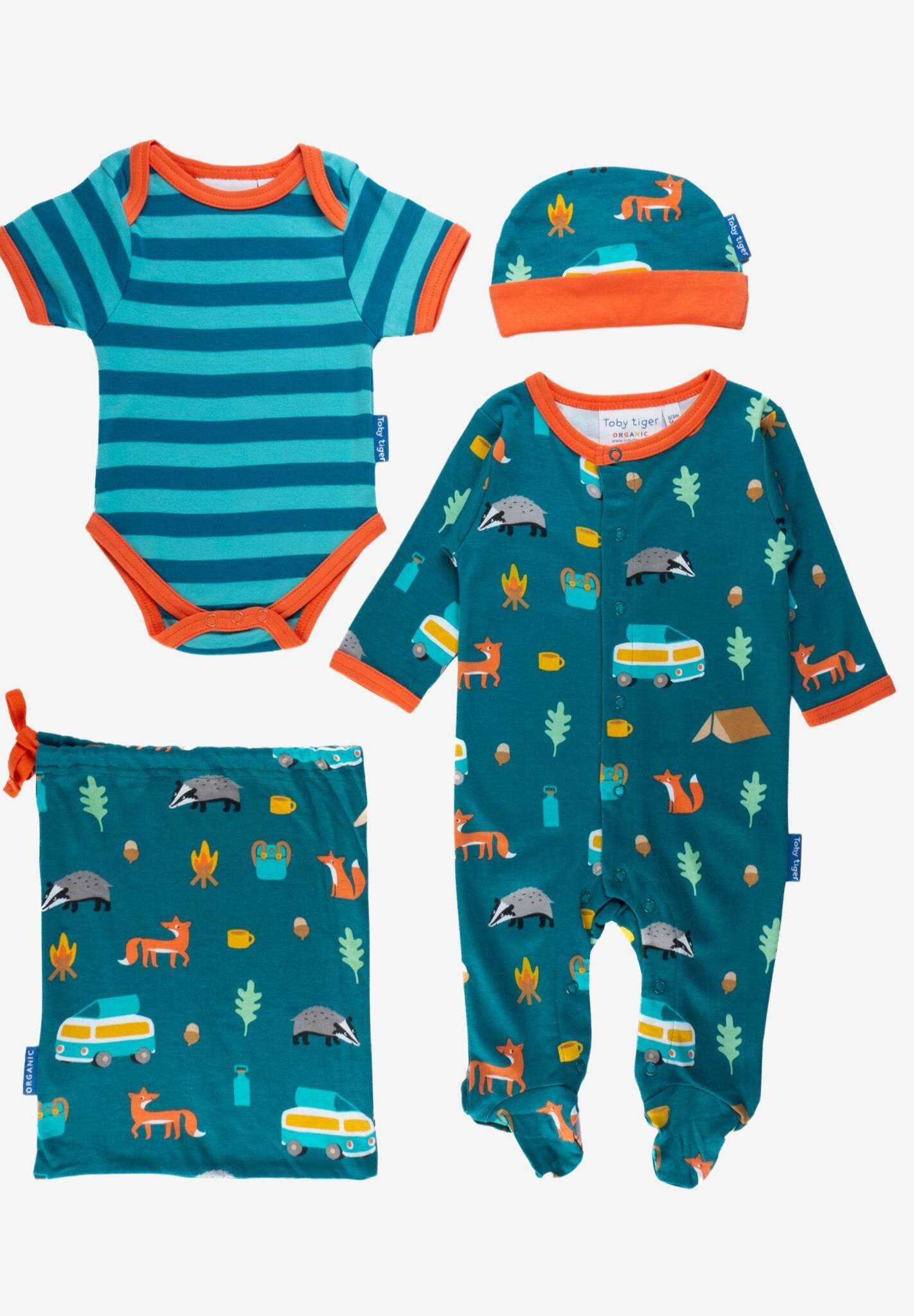 Luxury Autumn Campervan-Themed Organic Baby Gift Set with Hat, Onesie, and Tote Bag - Soft GOTS-Certified Cotton by Toby Tiger at brixbailey.com