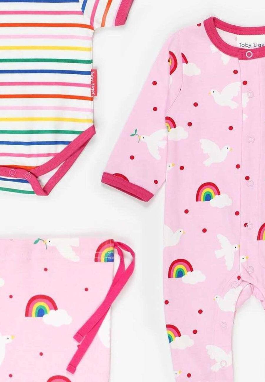 Premium organic baby gift set with hat, onesie, and bodysuit in soft certified cotton, cute dove print and striped design by Toby Tiger at brixbailey.com