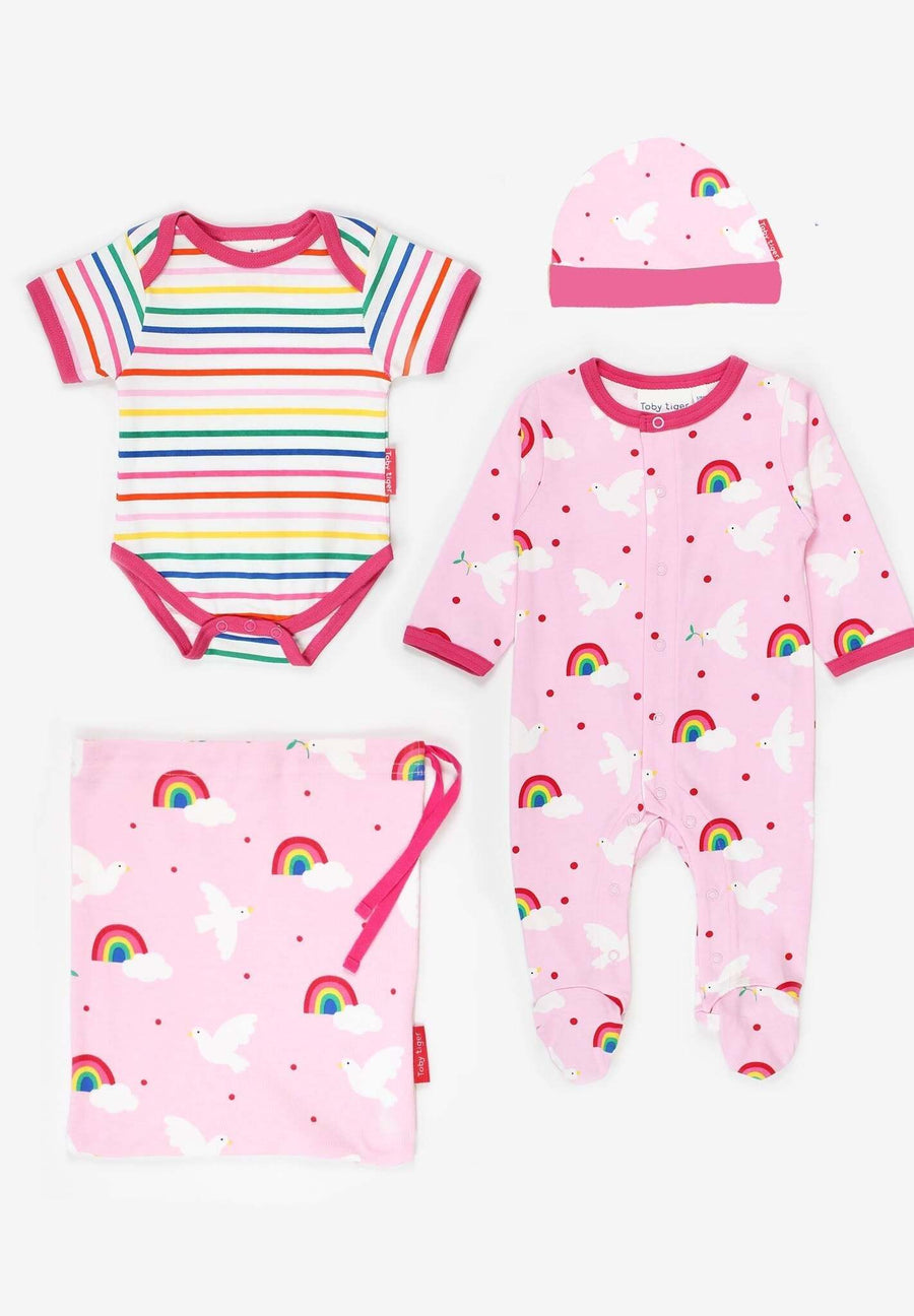 Premium organic baby gift set with hat, onesie, and bodysuit in soft certified cotton, stylish dove print and striped design by Toby Tiger at brixbailey.com