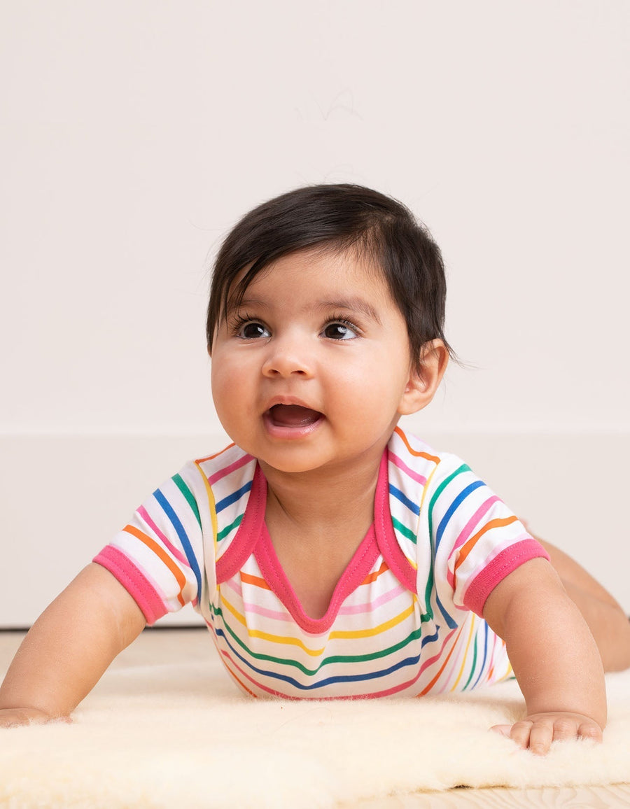 Premium baby gift set with hat, bodysuit, and romper in soft certified organic cotton, cute dove print and striped design by Toby Tiger at brixbailey.com