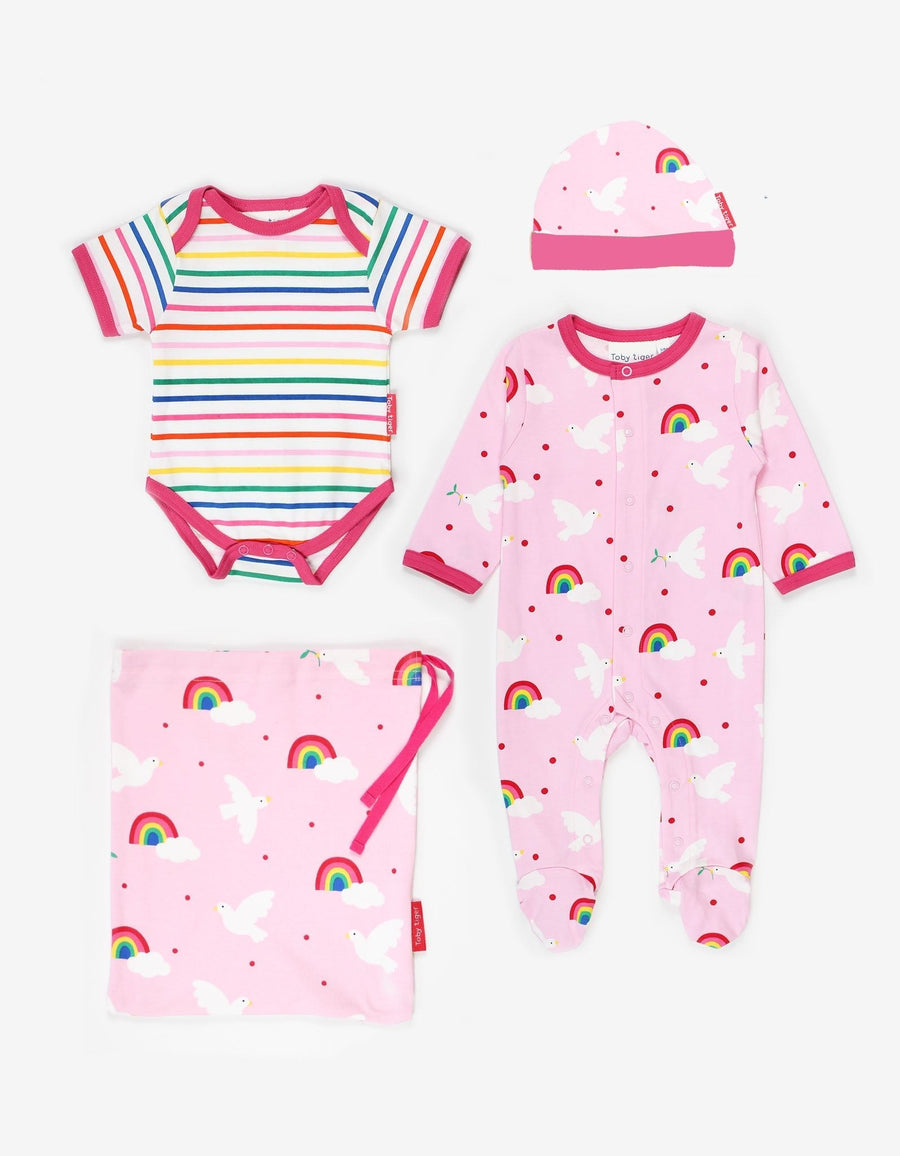 Premium organic baby gift set with hat, onesie, and bodysuit in soft certified cotton, cute dove print and striped design by Toby Tiger at brixbailey.com