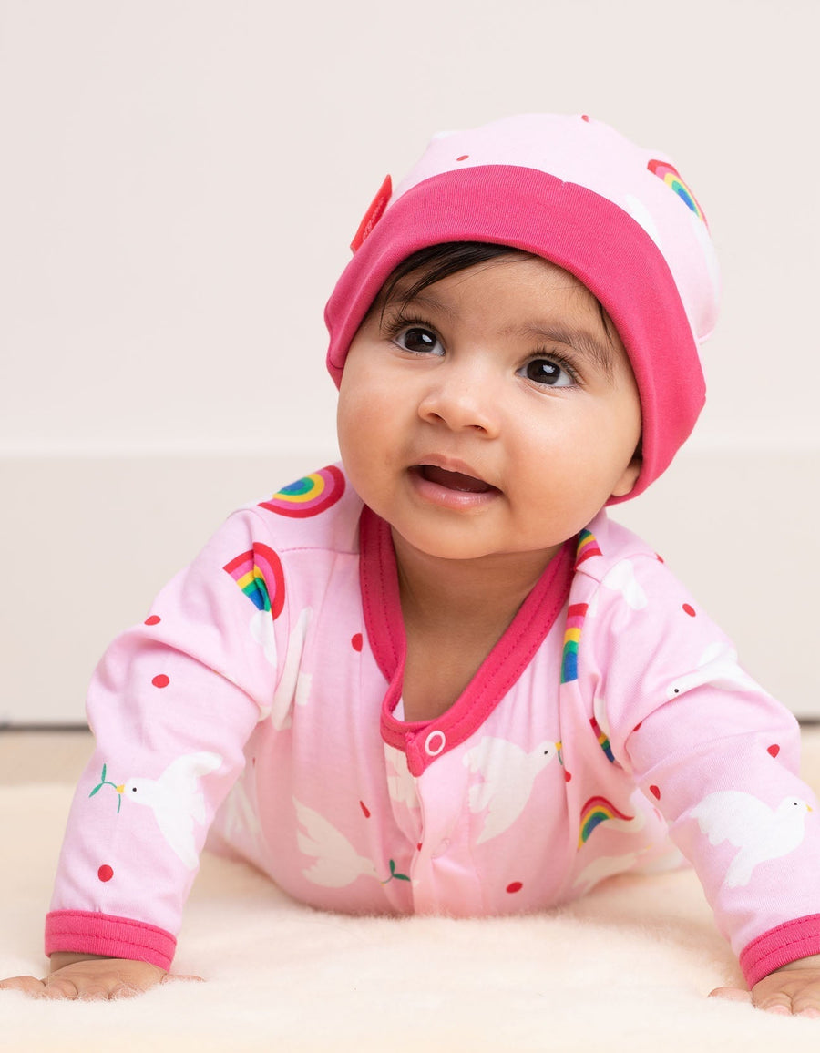 Premium organic baby gift set with hat, bodysuit, romper in soft certified cotton, stylish dove print and striped design by Toby Tiger at brixbailey.com