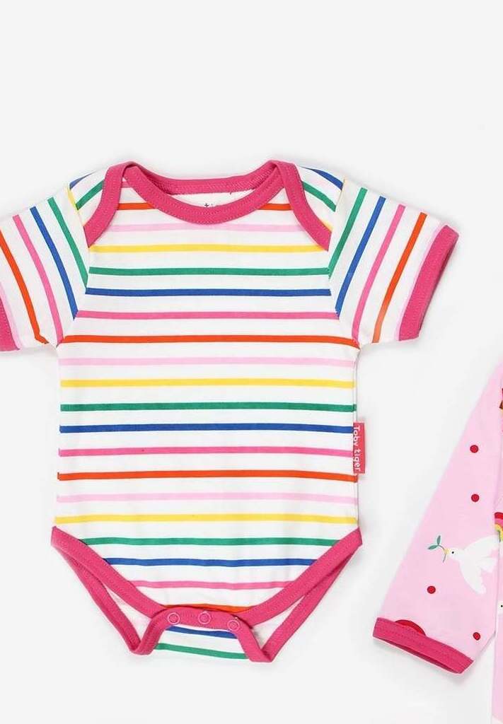 Premium organic baby gift set with hat, bodysuit, romper in soft certified GOTS cotton, cute dove print, striped design by Toby Tiger at brixbailey.com