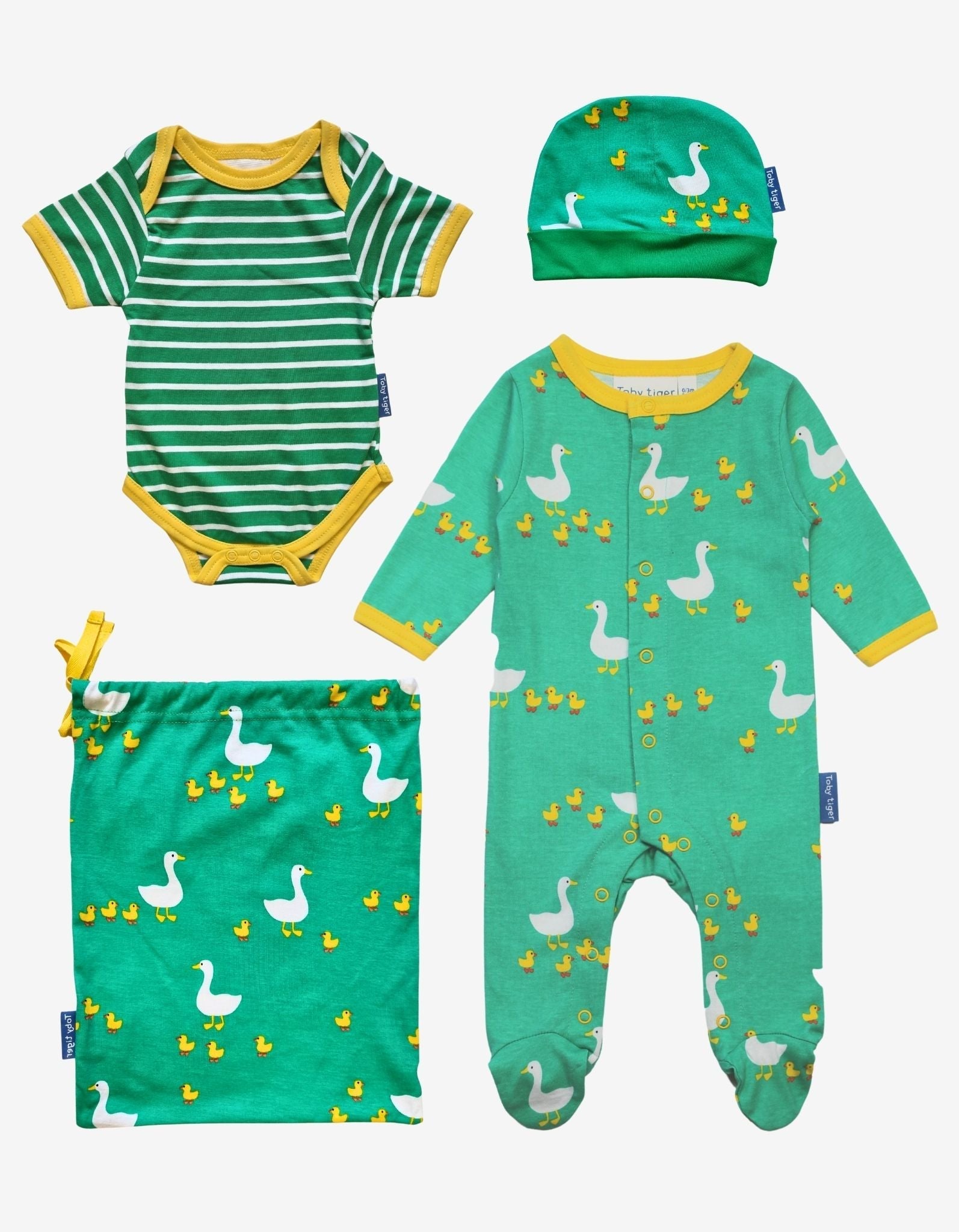 Premium Organic Baby Gift Set with Duck Print Pajamas, Hat, Muslin, and Striped Bodysuit – 100% Cotton Eco-Friendly Newborn Essentials by Toby Tiger at brixbailey.com