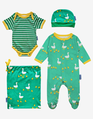 Premium Organic Baby Gift Set with Duck Print Pajamas, Hat, Muslin, and Striped Bodysuit – 100% Cotton Eco-Friendly Newborn Essentials by Toby Tiger at brixbailey.com