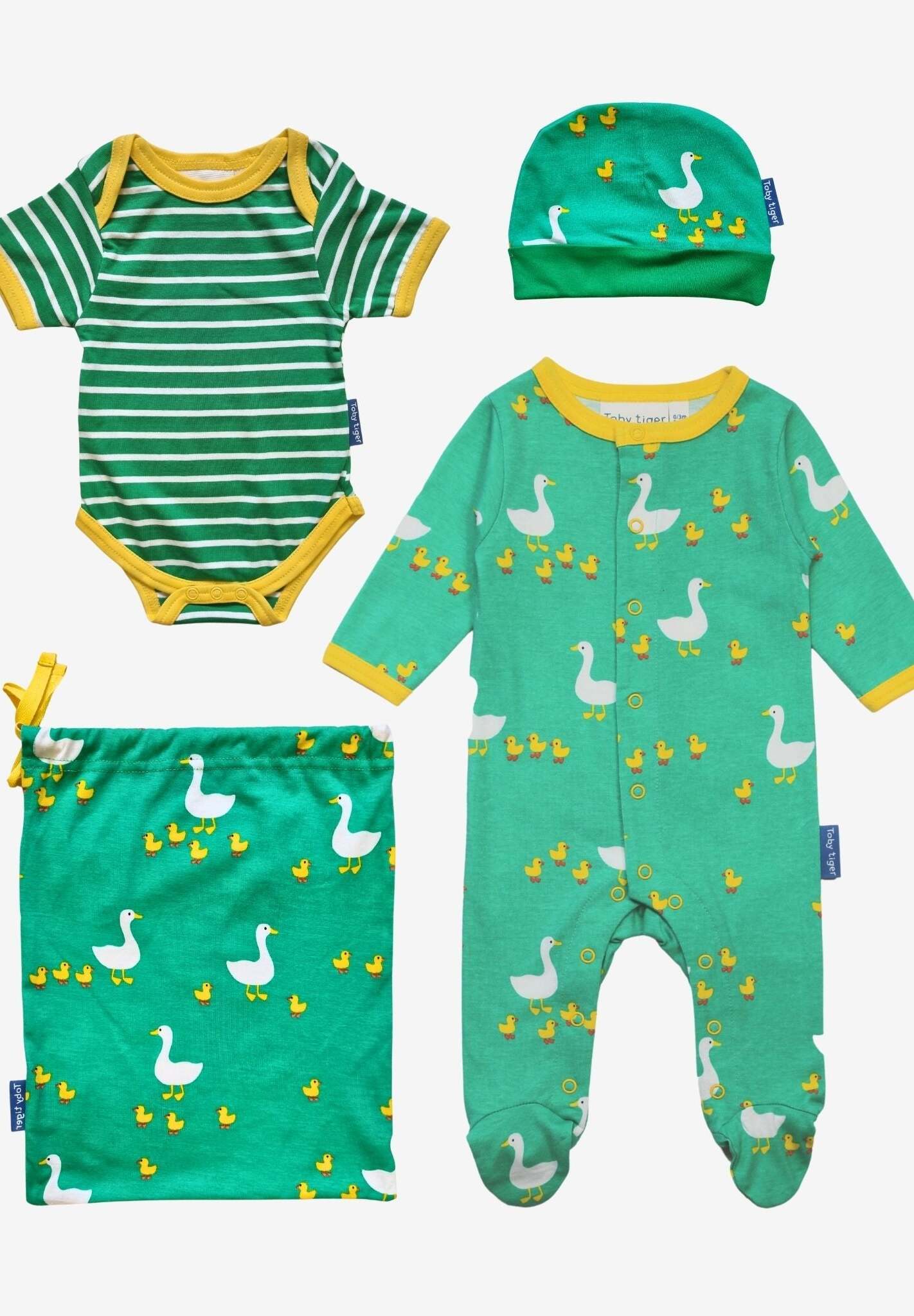 Premium Organic Baby Gift Set with Duck Design, Sleepsuit, Hat, Muslin, and Striped Bodysuit - 100% Cotton by Toby Tiger at brixbailey.com