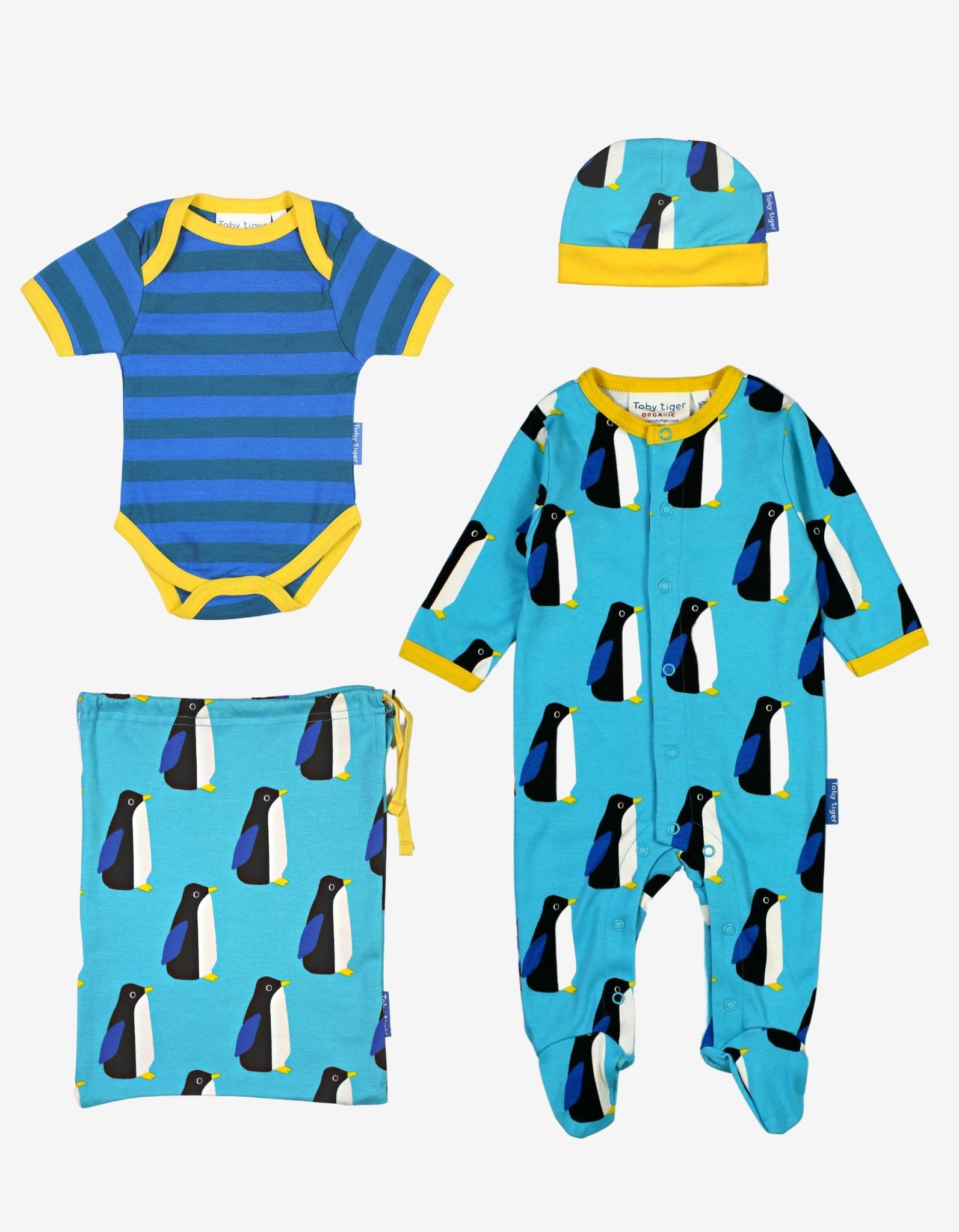 Premium Organic Baby Gift Set with Penguin Romper, Hat, and Bag in Soft Blue and Yellow - 100% GOTS-Certified Cotton by Toby Tiger at brixbailey.com