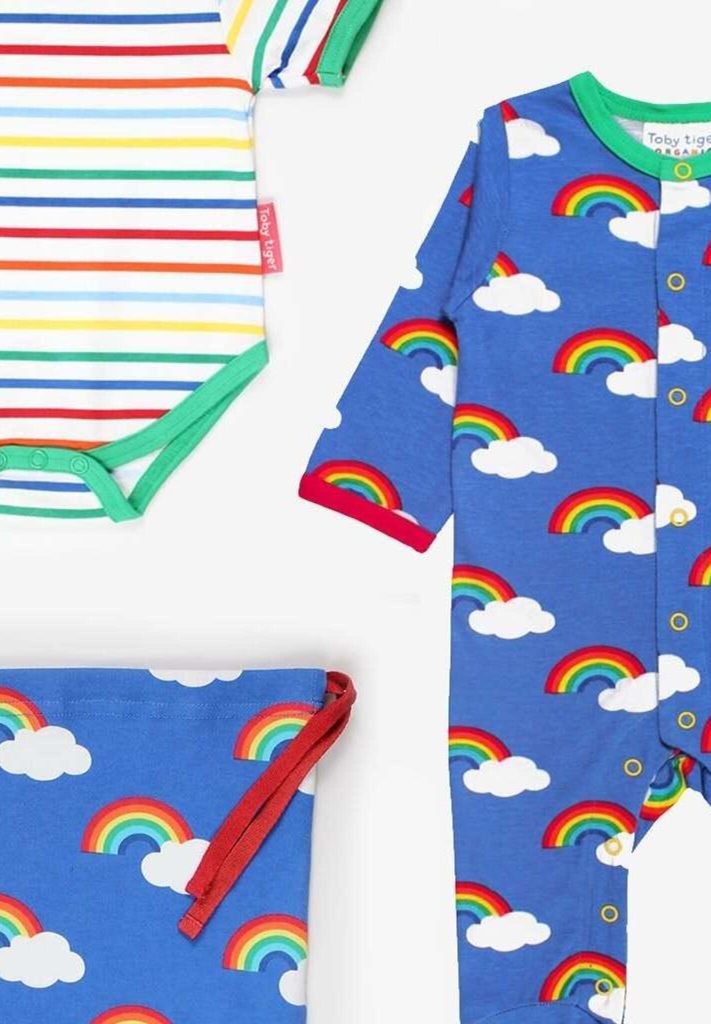 Premium Baby Gift Set with Rainbow Print Hat, Romper, and Bodysuit in Soft GOTS-Certified Organic Cotton by Toby Tiger at brixbailey.com