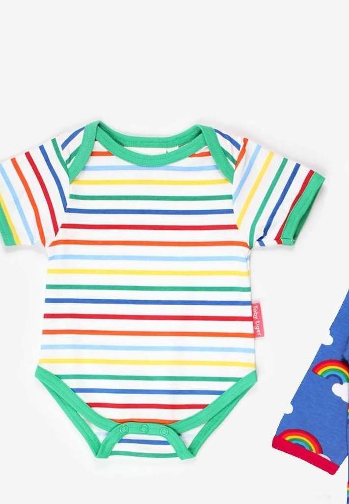 Premium Organic Cotton Baby Gift Set with Rainbow Print Hat, Onesie, and Romper - GOTS Certified Eco-Friendly Outfit by Toby Tiger at brixbailey.com