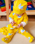 Premium organic cotton baby gift set with seagull print, yellow sleepwear, hat, bodysuit, drawstring bag by Toby Tiger at brixbailey.com