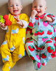 Premium organic cotton baby gift set with yellow seagull print, cozy sleepwear, hat, bodysuit, drawstring bag by Toby Tiger at brixbailey.com