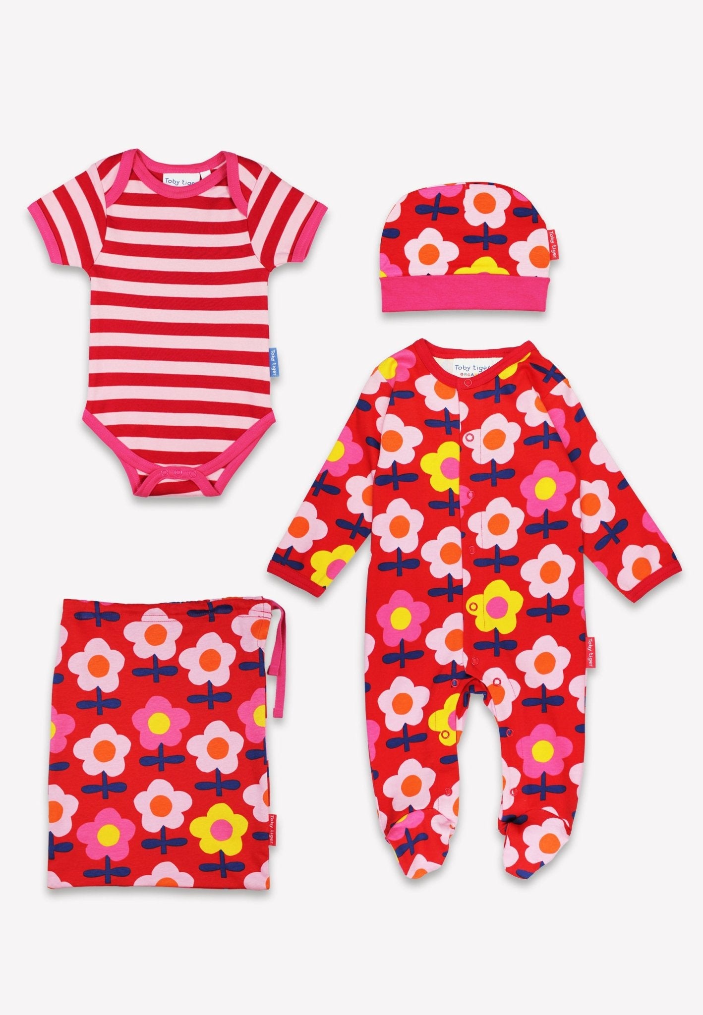 Luxury Organic Cotton Baby Gift Set with Retro Floral Print - Matching Romper, Hat, and Bodysuit in Eco-Friendly Pink by Toby Tiger at brixbailey.com