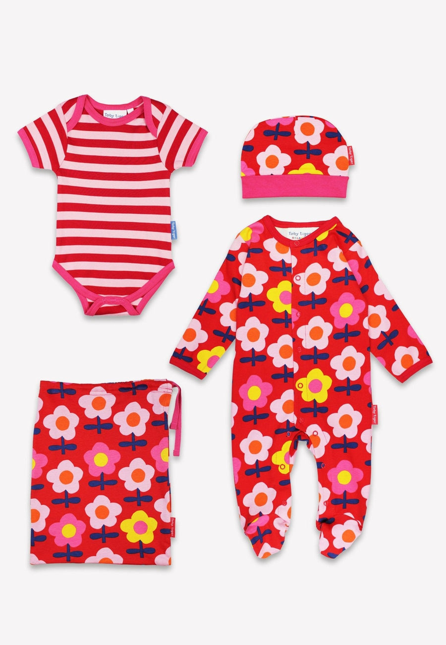 Luxury Organic Cotton Baby Gift Set with Retro Floral Print - Matching Romper, Hat, and Bodysuit in Eco-Friendly Pink by Toby Tiger at brixbailey.com