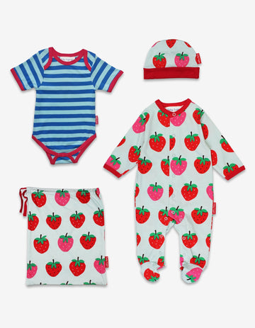 Organic Strawberry Baby Gift Set with Sleepsuit, Hat, Bodysuit, and Drawstring Bag - Premium GOTS-Certified Cotton by Toby Tiger at brixbailey.com