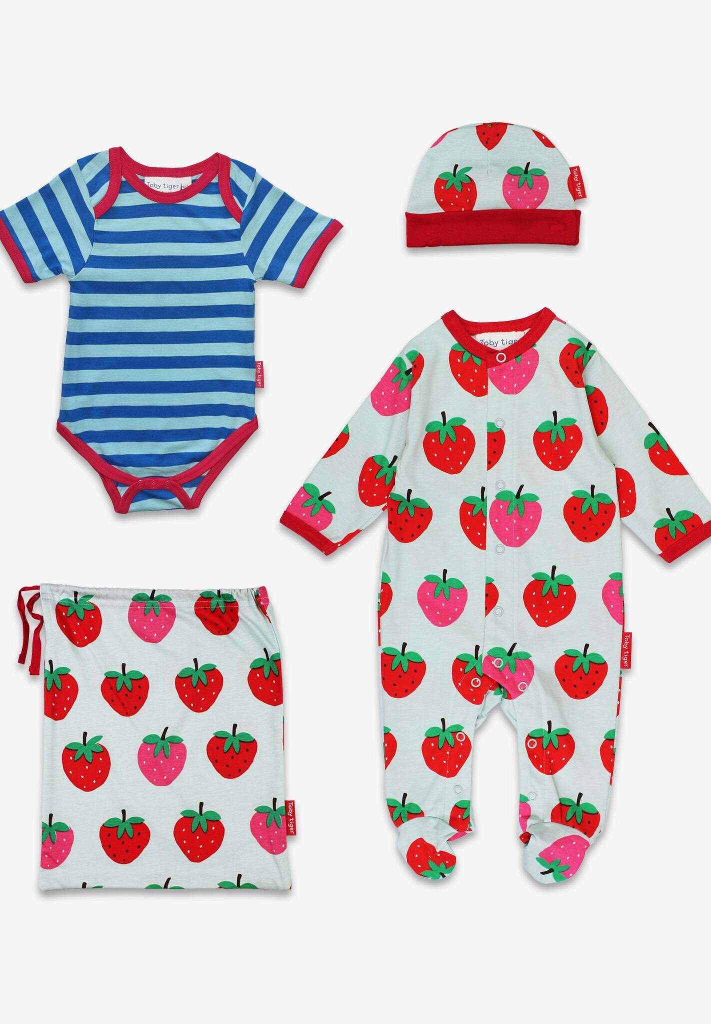 Organic Strawberry Baby Gift Set - Premium Cotton Sleepsuit, Hat, Onesie, and Drawstring Bag for Newborns by Toby Tiger at brixbailey.com