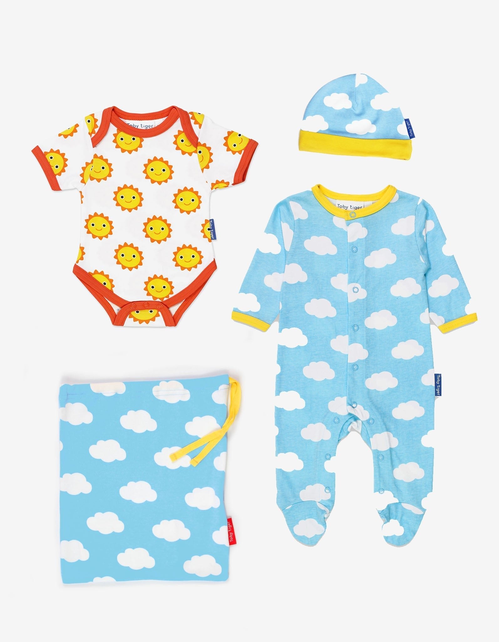 Premium Baby Gift Set with Hat, Romper, and Bodysuit in Soft Organic Cotton - Cute Sun and Clouds Print by Toby Tiger at brixbailey.com